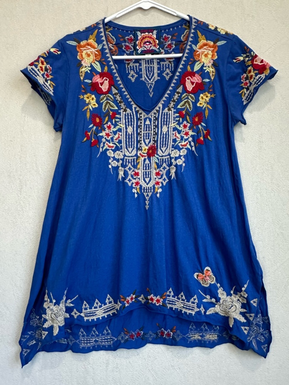 Johnny Was Royal Blue Embroidered V‑Neck Tunic Sz XS Oversized Will Ti Medium